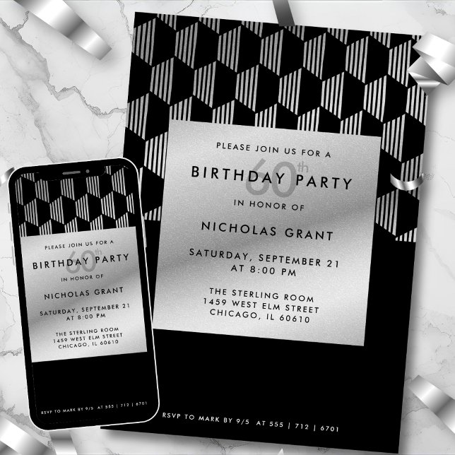 Convites 60th Birthday Modern Black Faux Silver Foil (Criador carregado)