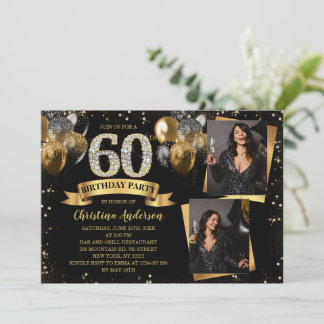 Convites 60th Birthday Modern Gold Glitter Balloons 2 Photo