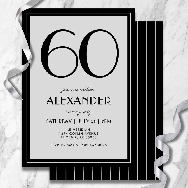 Convites 60th Birthday Modern Minimalist Mens Black Gray (Modern black and light gray design—minimal, bold, and effortlessly stylish.)