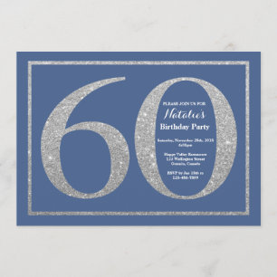Convites 60th Brilho azul e de prata do aniversário
