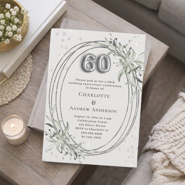 Convites 60th wedding anniversary pearl gray greenery (Criador carregado)