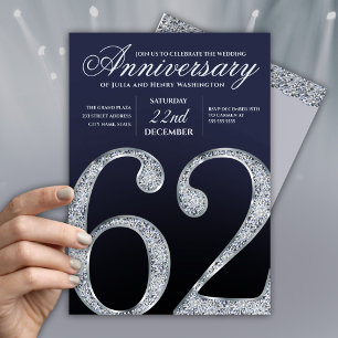 Convites 62º Aniversário Diamante Prata Azul-Marinho Modern