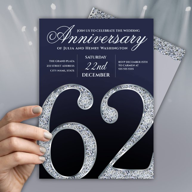 Convites 62nd Anniversary Diamond Silver Navy Blue Modern (Criador carregado)