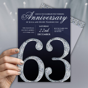 Convites 63º Aniversário Diamante Prata Azul Marinho Modern