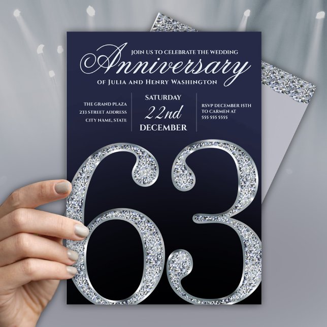 Convites 63rd Anniversary Diamond Silver Navy Blue Modern (Criador carregado)
