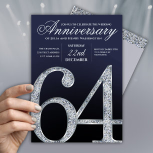 Convites 64º Aniversário Diamante Prata Azul Marinho Modern
