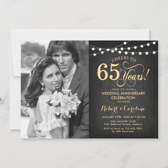 Convites 65º Aniversário com Foto - Quadro Negro e Dourado (Frente)