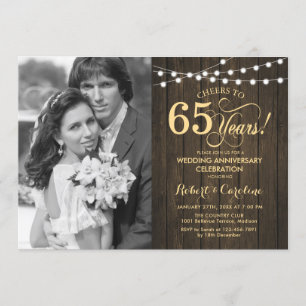 Convites 65º Aniversário com Foto - Rustic Wood Gold