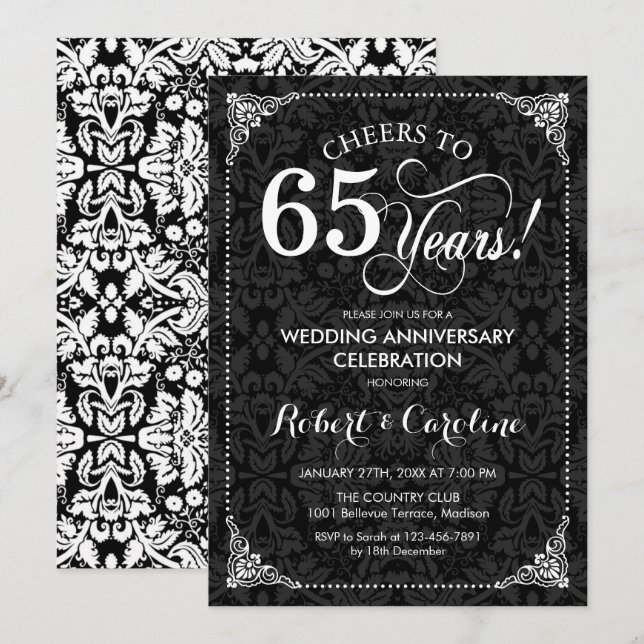 Convites 65º Aniversário de Casamento - Damask Preto Branco (Frente/Verso)