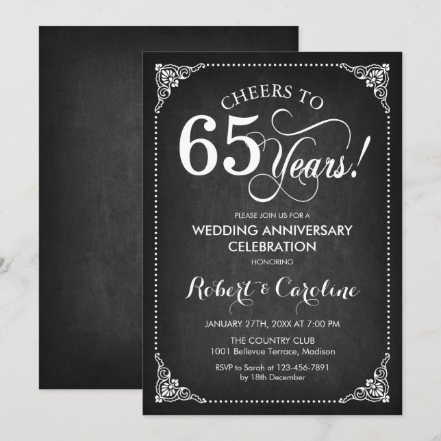 Convites 65º Aniversário de Casamento - Dourado Branco (Frente/Verso)