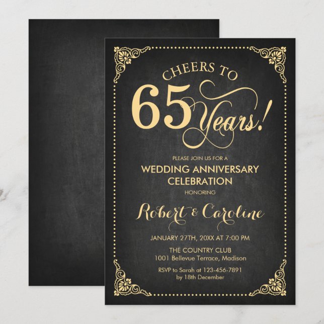 Convites 65º Aniversário de Casamento - Quadro Negro Dourad (Frente/Verso)