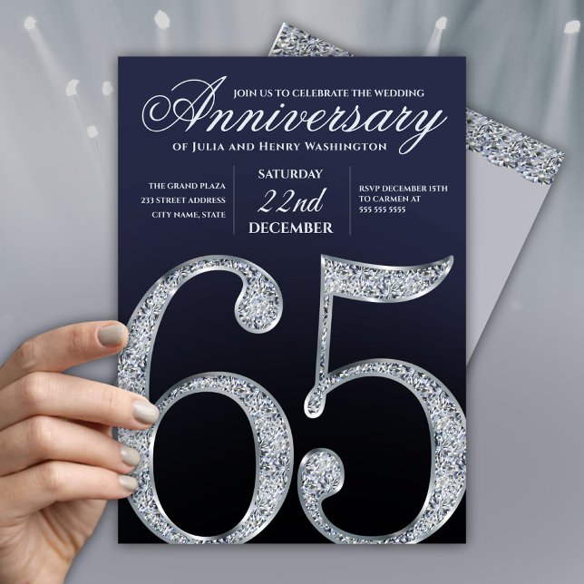 Convites 65º Aniversário Diamante Prata Azul Marinho Modern (Criador carregado)