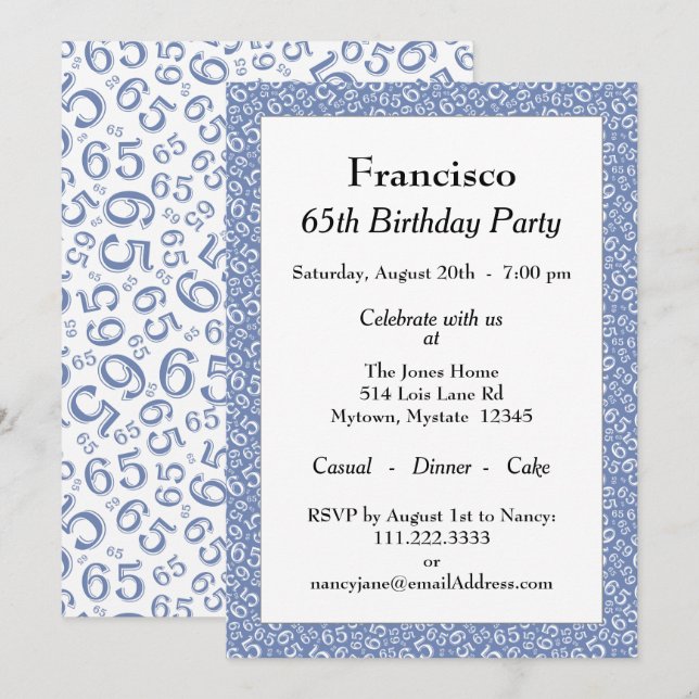Convites 65º Padrão de Festa de aniversário, azul/branco (Frente/Verso)