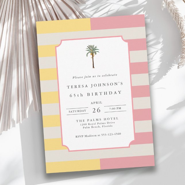 Convites 65th Birthday Palm Beach Pastel Stripe Tropical (Available in both printed and instant download digital formats.)