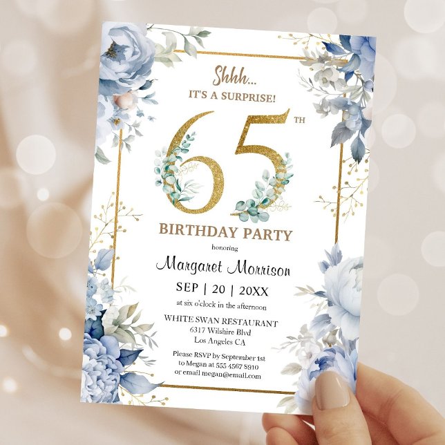 Convites 65th Birthday Party Elegant Dusty Blue Floral (Criador carregado)