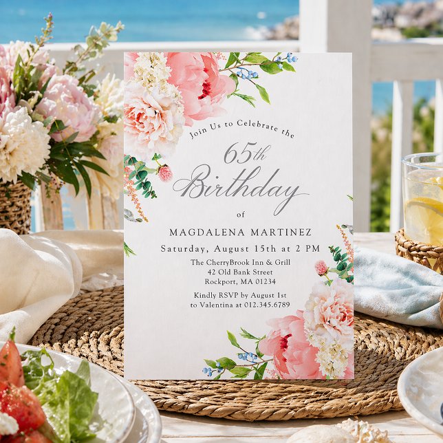 Convites 65th Birthday Party Feminine Pink Roses Floral (Criador carregado)