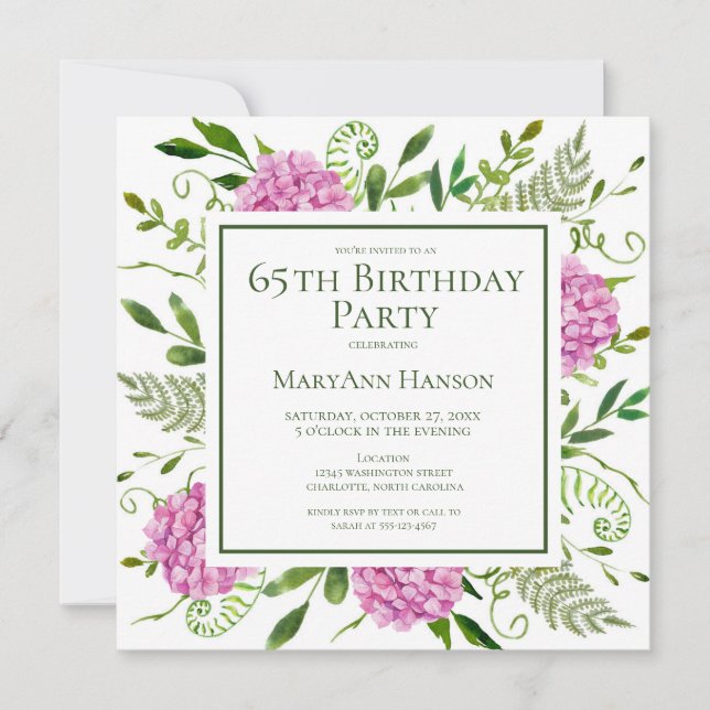 Convites 65th Birthday Pink Hydrangeas Card Request  (Frente)