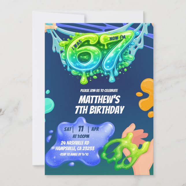Convites 67 Boy Neon Blue Green Slime Birthday Invitation (Frente)
