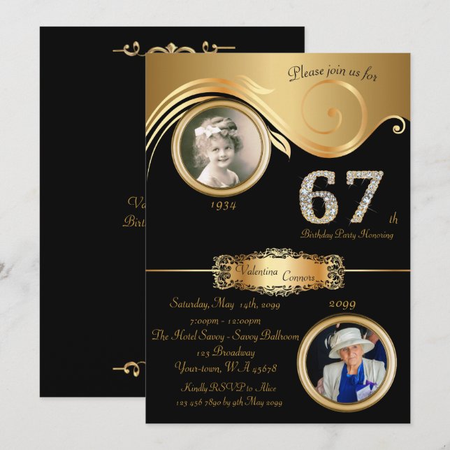 Convites 67th, mulher 67th do aniversário, art deco (Frente/Verso)