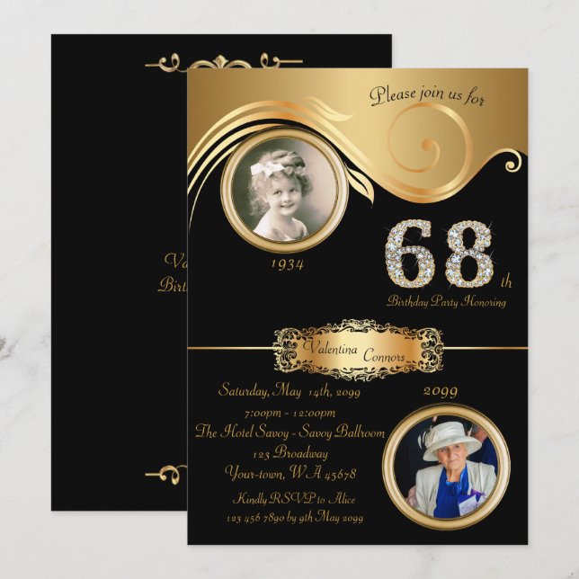 Convites 68º,Aniversário Mulher 68º,elegante deco de arte,p (Frente/Verso)
