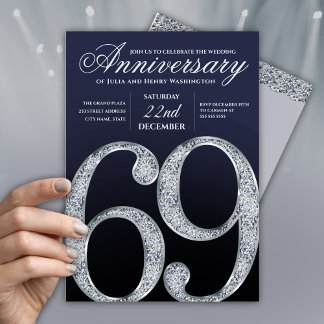 Convites 69º Aniversário Diamante Prata Azul Marinho Modern