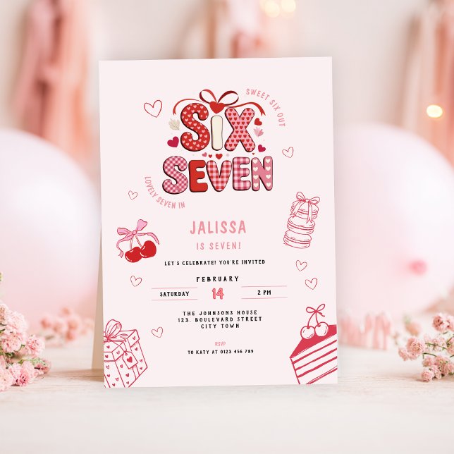 Convites 6 7 Birthday for Girls, Pink 7th Kids Party  (pink 6 7 kids girl's birthday party invitation)