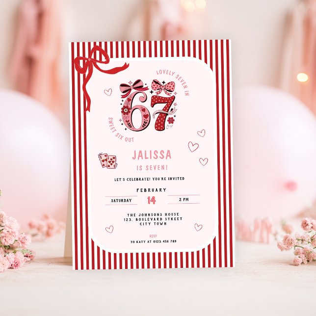 Convites 6 7 Birthday for Girls, Pink Kids 7th Birthday (pink 6 7 kids girl's birthday party invitation)