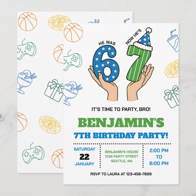 Convites 6-7 Birthday Invitation for Boys, Six Seven Meme (Frente/Verso)