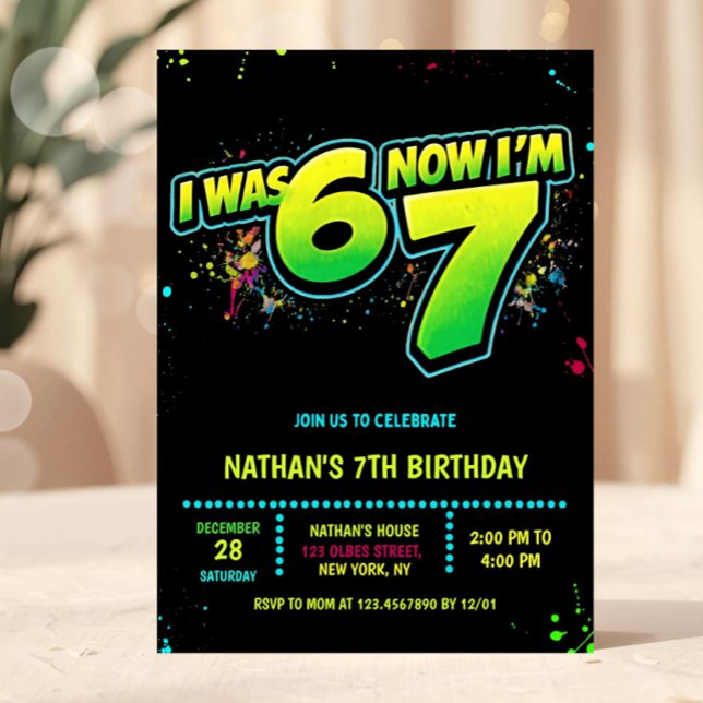 Convites 6 7 Boy Neon Six Seven Birthday Graffiti (7th birthday invitation, neon birthday invite, graffiti birthday invitation, glow party invite, I wa)
