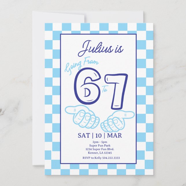 Convites 6 7 Meme Birthday Blue Checkerboard Invitation (Frente)