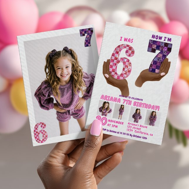 Convites 6 7 Meme Retro Pink Purple Checker Kids Birthday (6 7 Meme Retro Pink Purple Checker Kids Birthday Invitation)