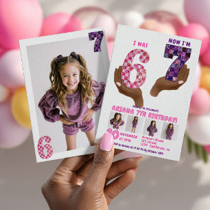Convites 6 7 Meme Retro Rosa Roxo Xadrez Aniversário Infant