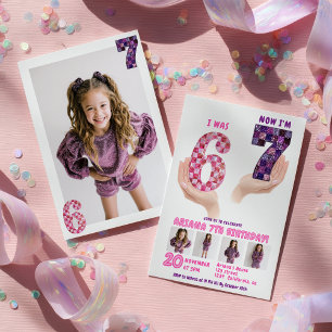 Convites 6 7 Meme Retro Rosa Roxo Xadrez Aniversário Infant