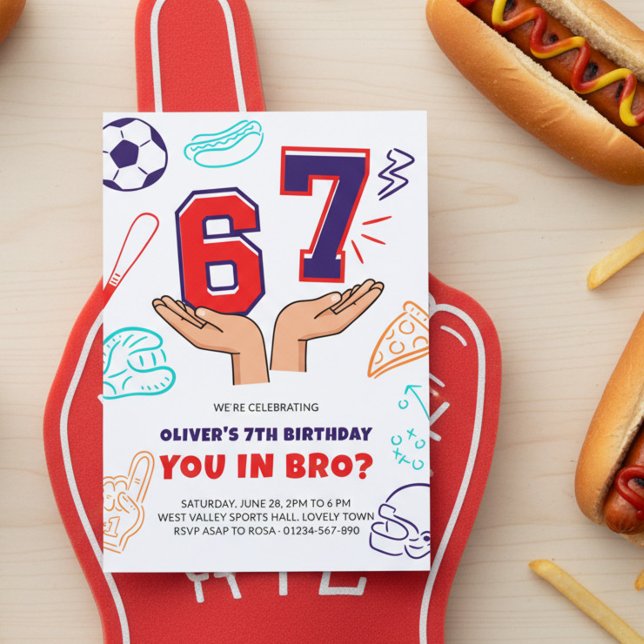Convites 6 7 Meme Sport Red Blue Boy Birthday Invitation (Red white and blue sport birthday invite with 6 7 numbers in hands meme.)