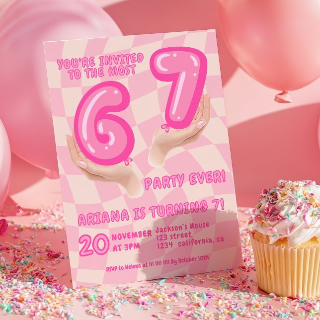 Convites 6 7 Meme Trend Six Seven Birthday party Retro Pink (6 7 Meme Trend Six Seven Birthday party Retro Pink Invitation)