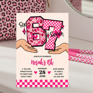Convites 6 7 Meme Varsity Leopard Xadrez Menina Festa