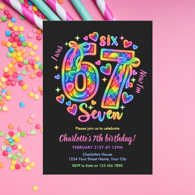 Convites 6 7 Seis Sete Meme Neon Arco-íris Brilho Menina An (Criador carregado)