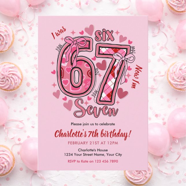 Convites 6 7 Six Seven Meme Trend Pink Girls 7th Birthday (Criador carregado)