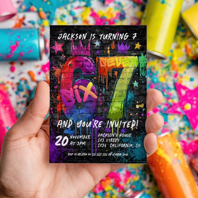 Convites 6 7 Tendência de Meme Aniversário seis sete graffi (6 7 Meme Trend Six Seven Birthday party graffiti Invitation)