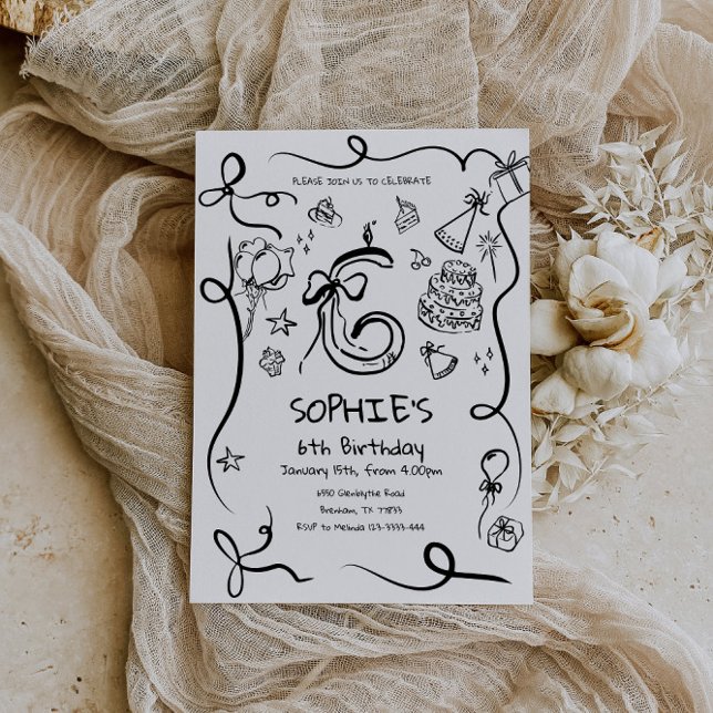 Convites 6 Aniversário, 6 de Aniversário Desenhado à Mão (Criador carregado)