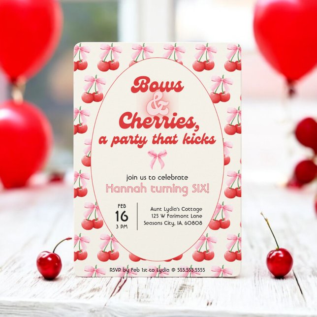 Convites 6 Birthday Coquette Cherries Arcos Bubble Letters (Criador carregado)
