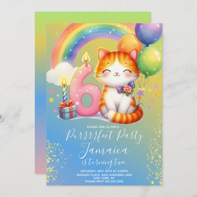 Convites 6 Birthday Kitten Rainbow Party (Frente/Verso)