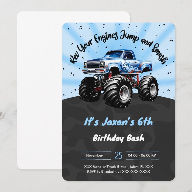 Convites 6 Birthday Monster Truck (Frente/Verso)