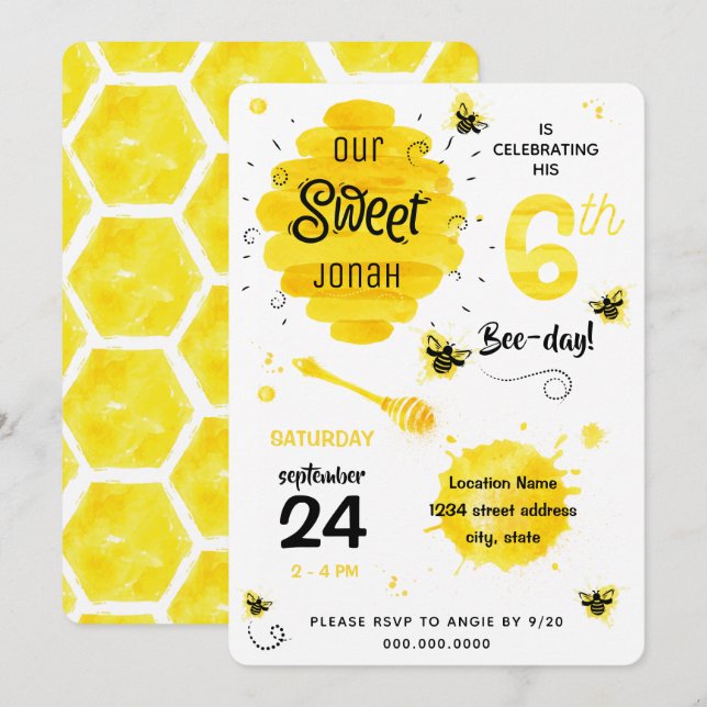 Convites 6 Birthday pun BEE day Honey Bee Yellow (Frente/Verso)