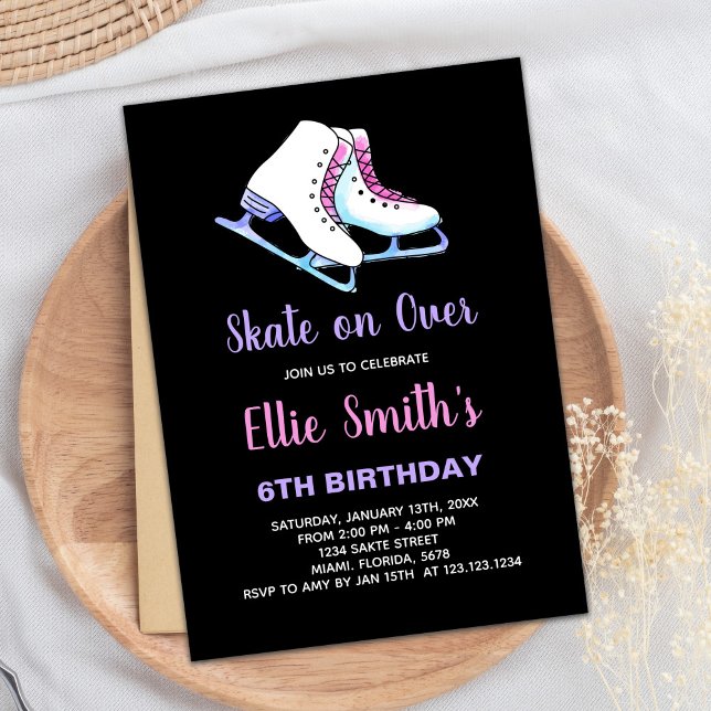Convites 6 Black Purple Ice Sking Aniversário (6th Black Purple Ice Skating Birthday Invitations)