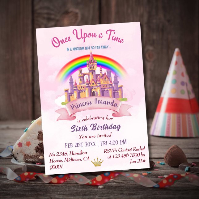 Convites 6 de aniversário da princesa arco-íris do castelo  (Criador carregado)