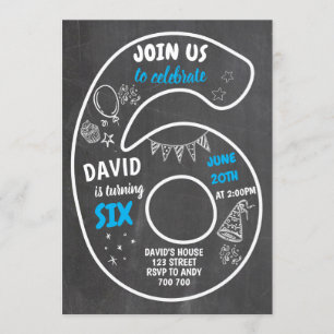 Convites 6 de Aniversário Sexto Número de Quadro Azul