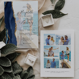 Convites 6-Foto Azul-Marinho Ágata Dourada Casamento