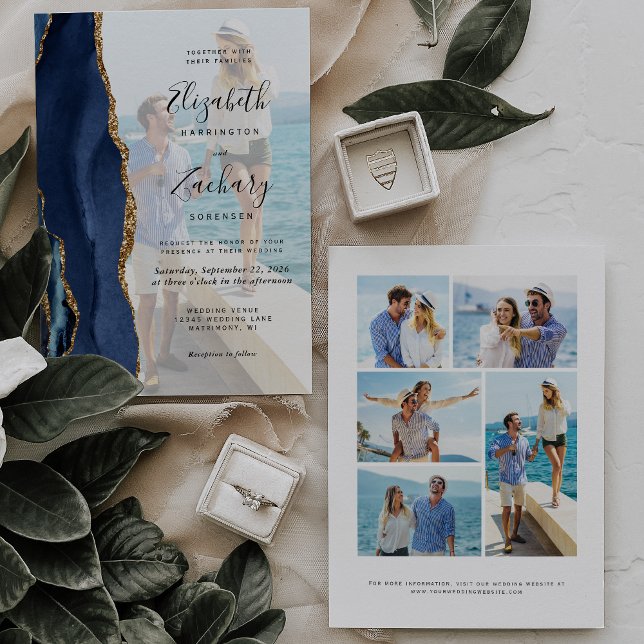 Convites 6-Foto Azul-Marinho Ágata Dourada Casamento (Criador carregado)