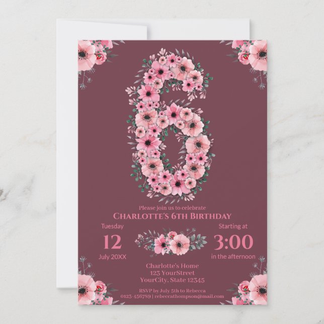 Convites 6 Grande Garota de Aniversário Flores Rosa Folhage (Frente)